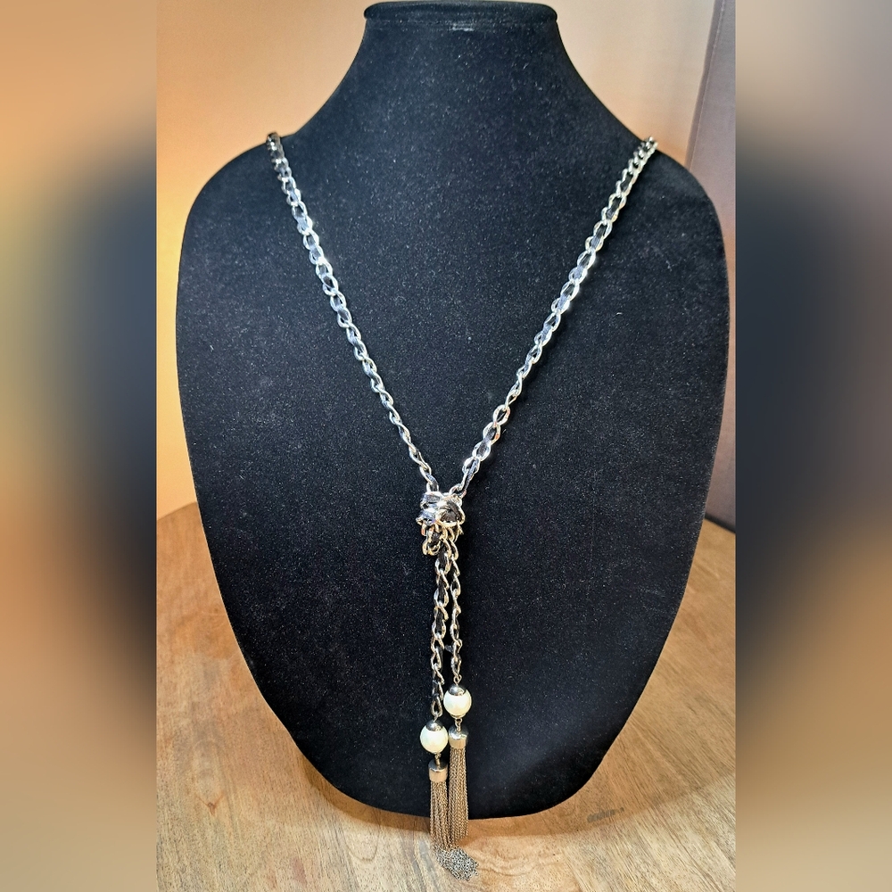 Silver Chain Necklace with Pearl Accents and Ribbon Weave